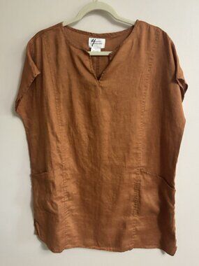 andrea jovine 100% linen top shirt smock clay brown LARGE Blouse Langenlook